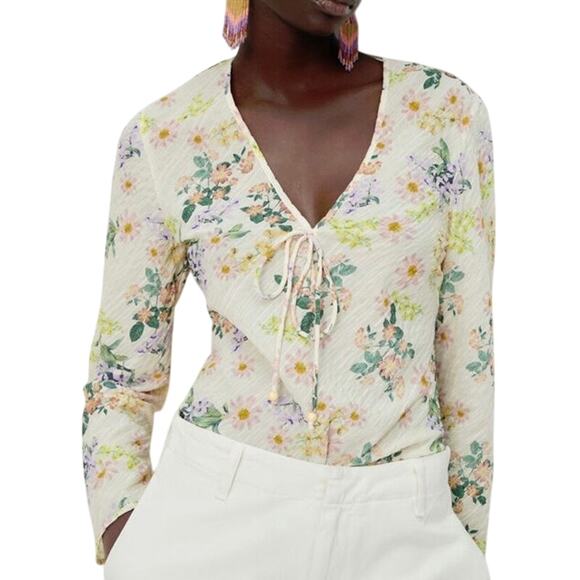 Zara Tops - Zara Textured Cream Floral Long Sleeve Sheer Blouse Size Small